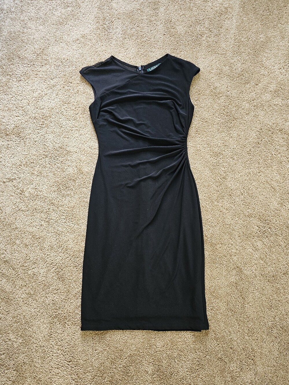 Women Ralph Lauren Black Ruched Short Sleeve Sheath Dress 2 Midi Faux Wrap
